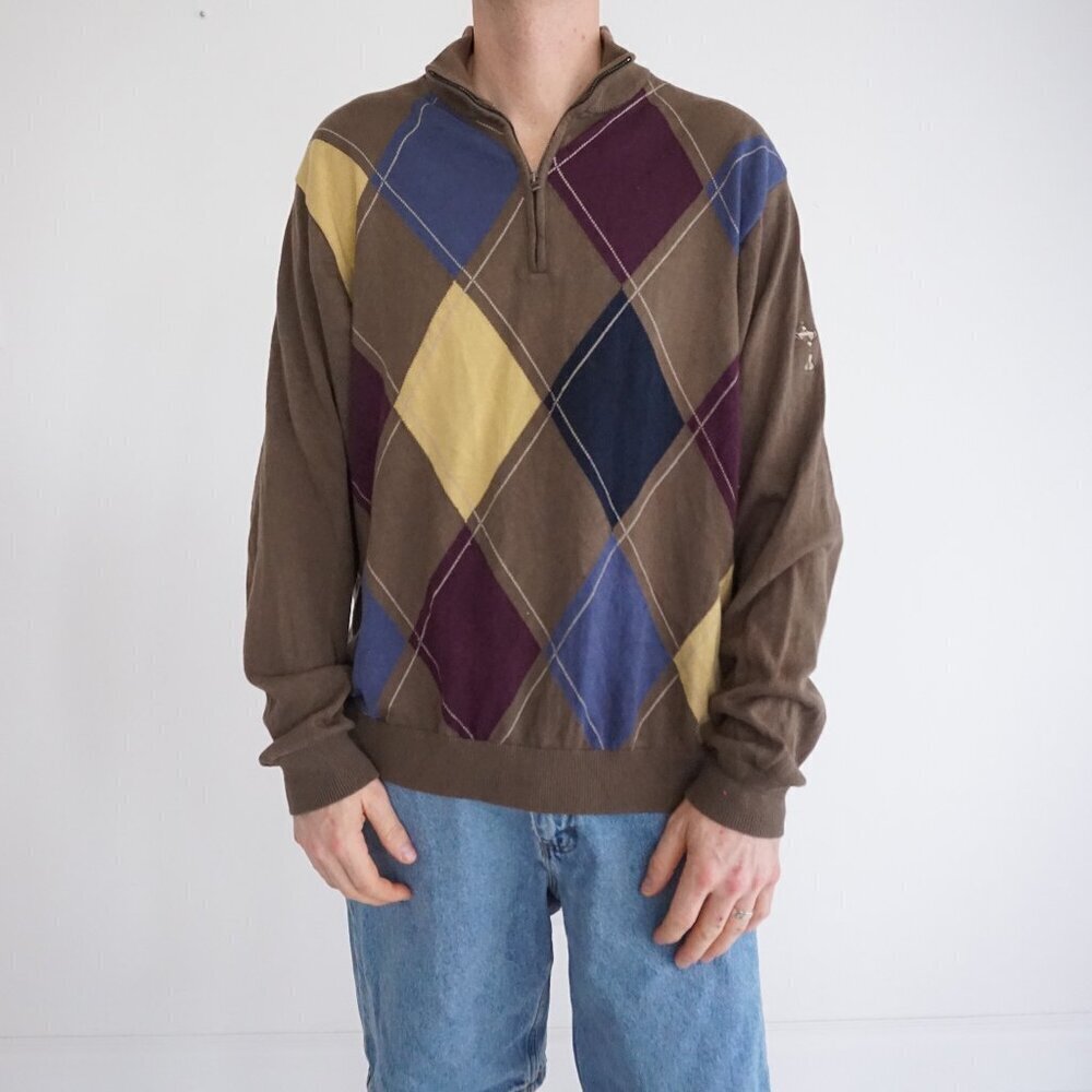 Cutter & Buck Brown Argyle Embroidered Us Open Trophy Quarter Zip Sweater Large